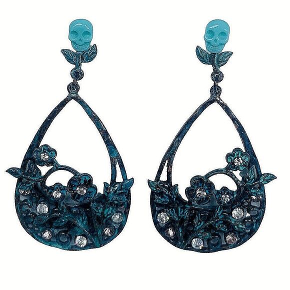 Betsey Johnson TEAL PATINA Skull Large Hoop Earrings 2" Crystal Statement - Picture 1 of 12